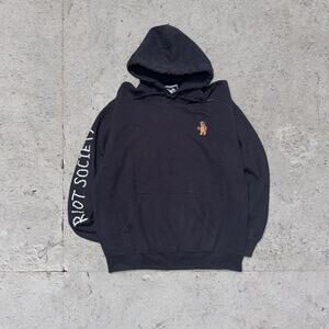 Riot Society Hoodie Mens Medium Black Sleeve Logo Streetwear Teddy Bear Stitched
